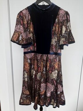 Rebecca Taylor Navy Velvet & Multicolor Floral Metallic Dress Sz 4
